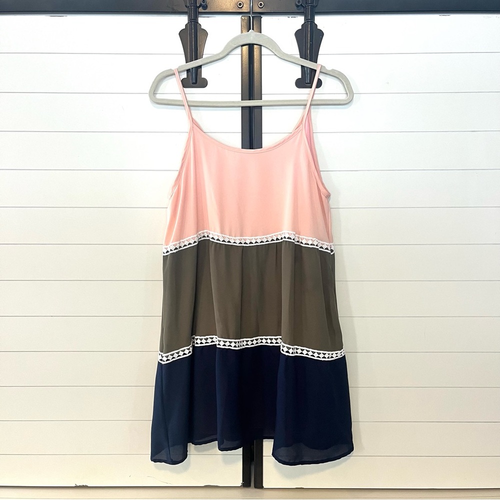 Color Block Spaghetti Strap Sun Dress Pink Olive Navy - Medium - Summer Spring